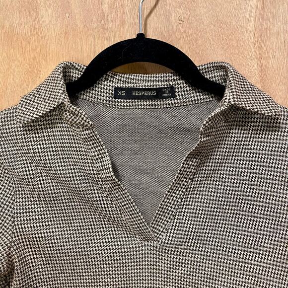 Hesperus Crop Top Women’s Size XS Collared Houndstooth Long Sleeve Brown Tan - Picture 7 of 9